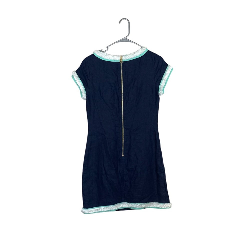 STS Sail to sable navy Linen Shift Dress with Fringe Trim size 6 cruise nautical - Picture 8 of 9